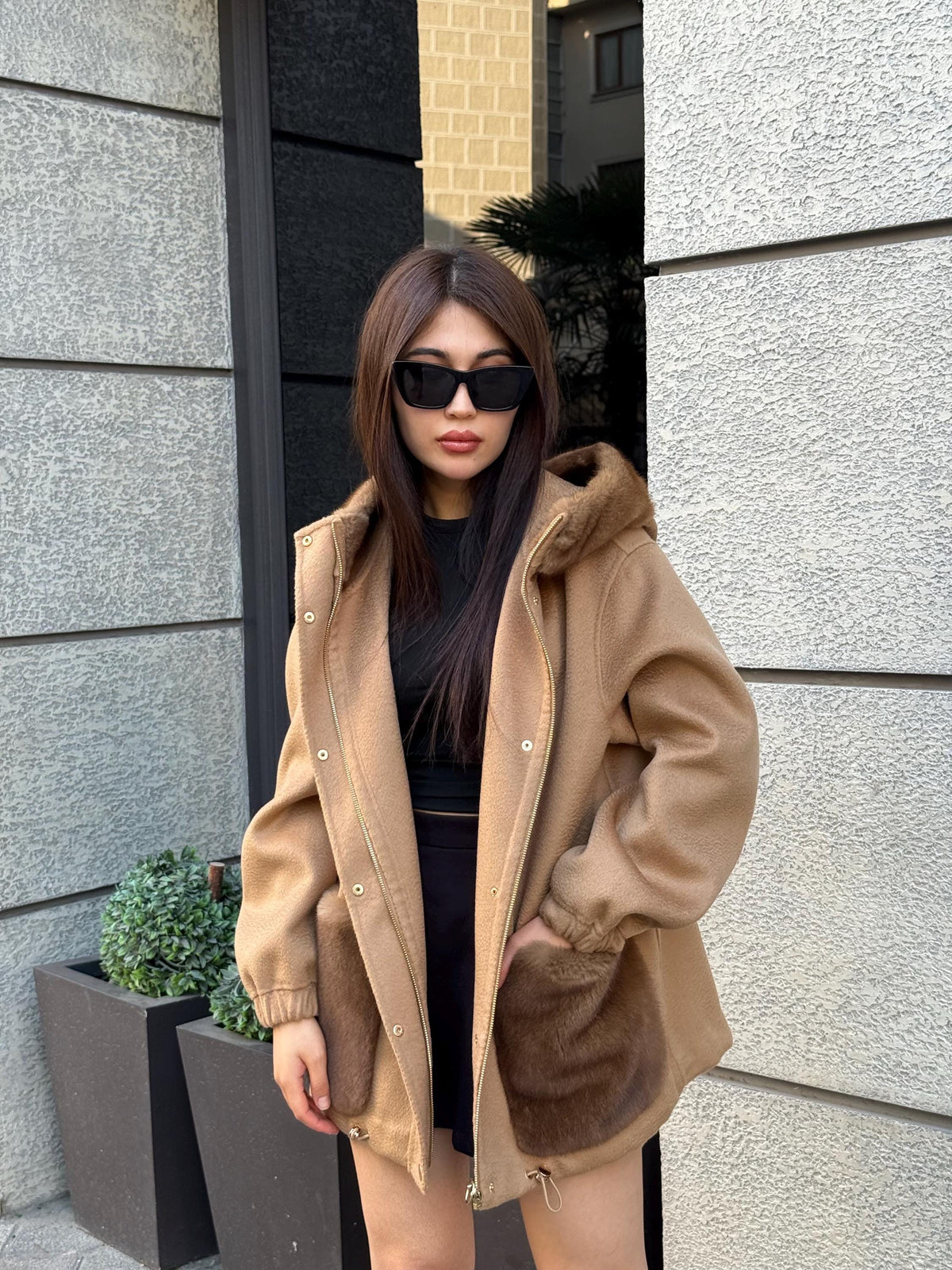 Camel Women’s Zibellino Alpaca Jacket, Short Hood Pocket Mink Fur Trim Virgin Wool Coat