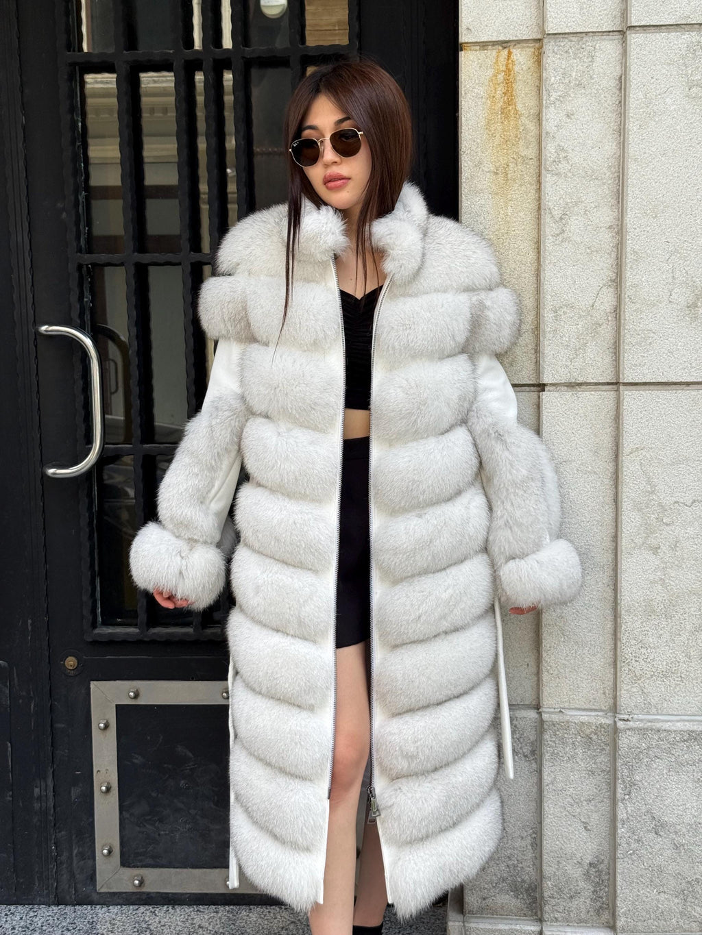 White Long Fox Fur Coat, Luxury Women’s Fur Cashmere Trim Jacket