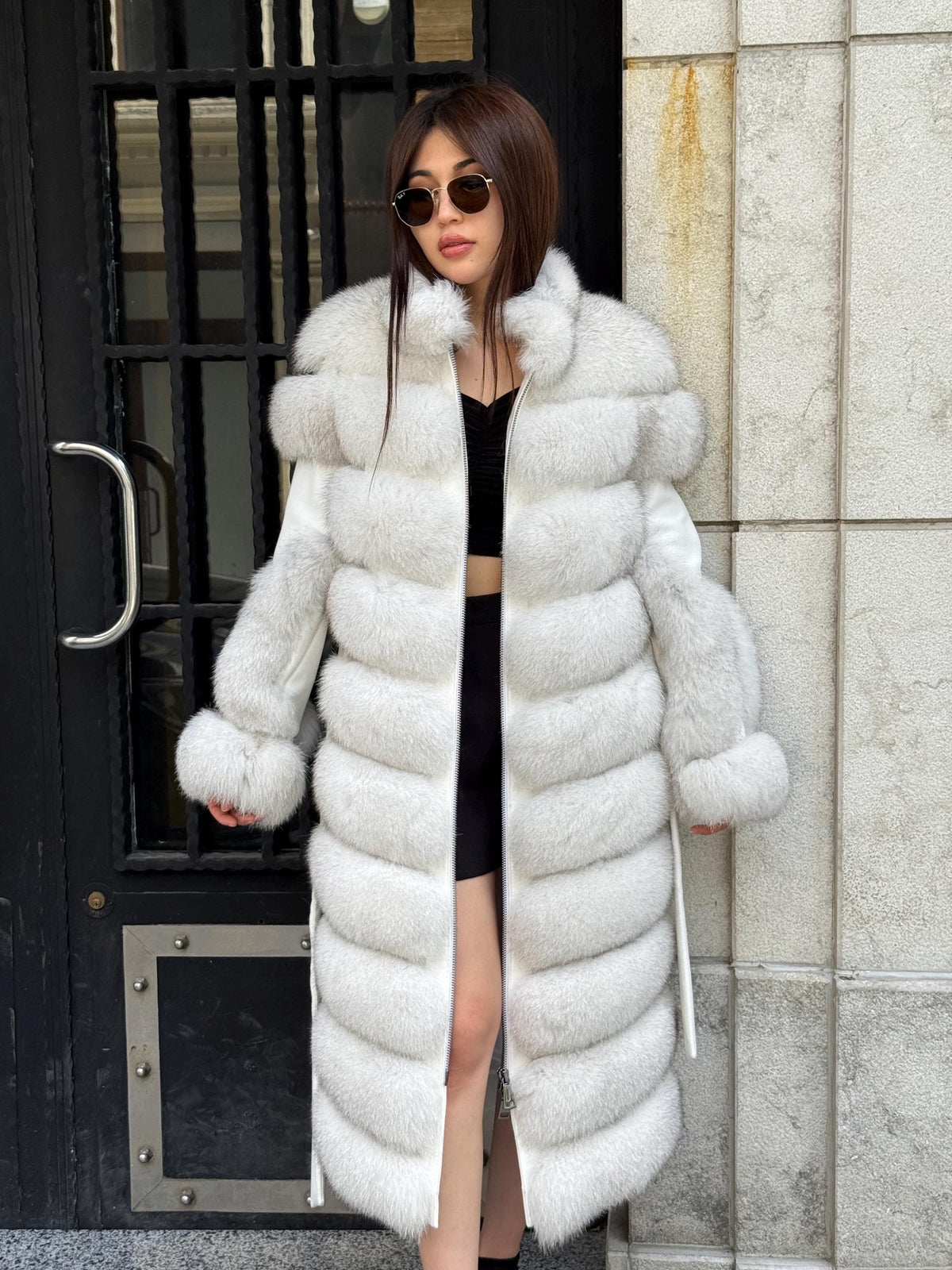 White Long Fox Fur Coat, Luxury Women’s Fur Cashmere Trim Jacket