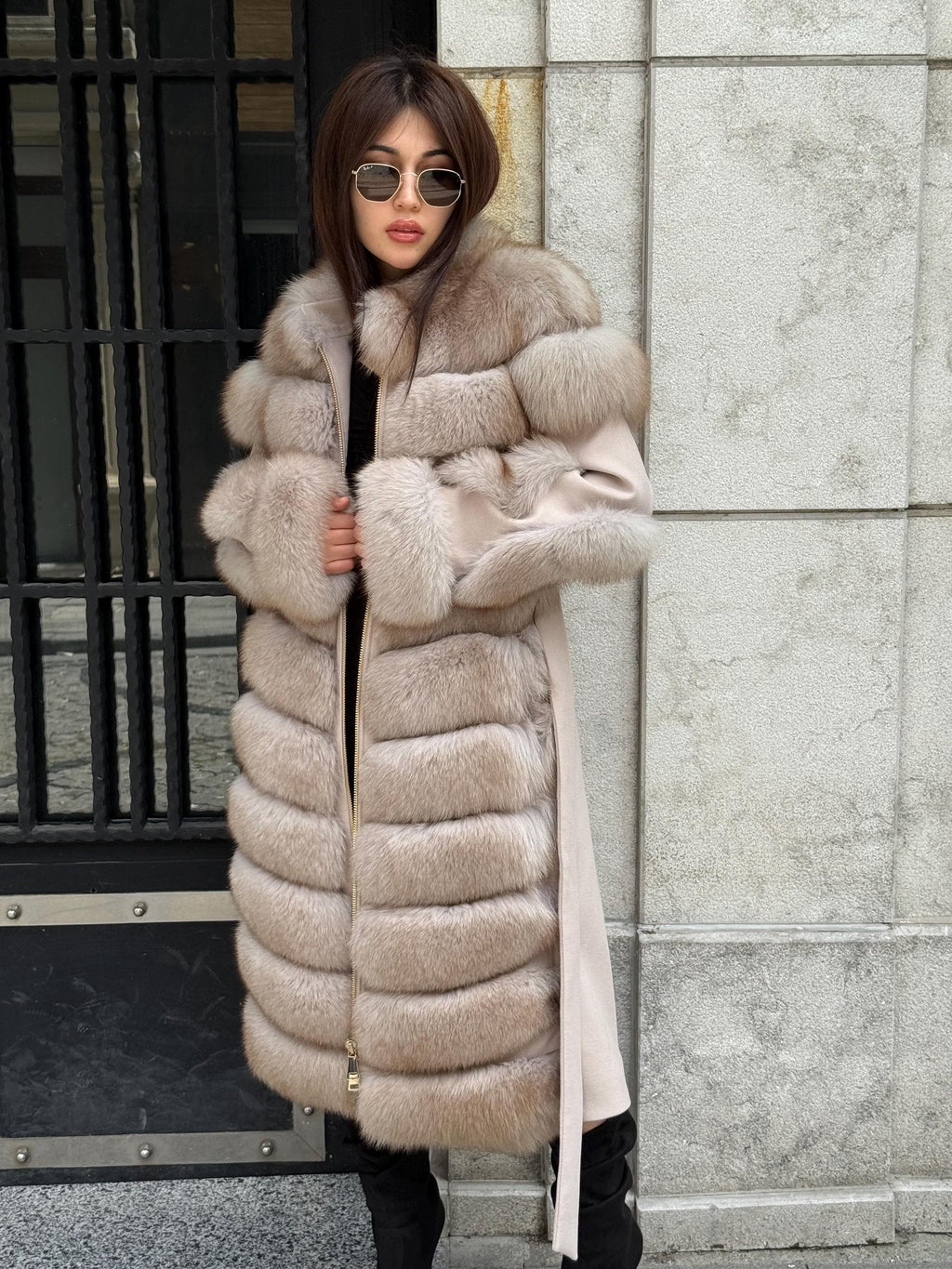 Beige Long Fox Fur Coat, Luxury Women’s Fur Cashmere Trim Jacket