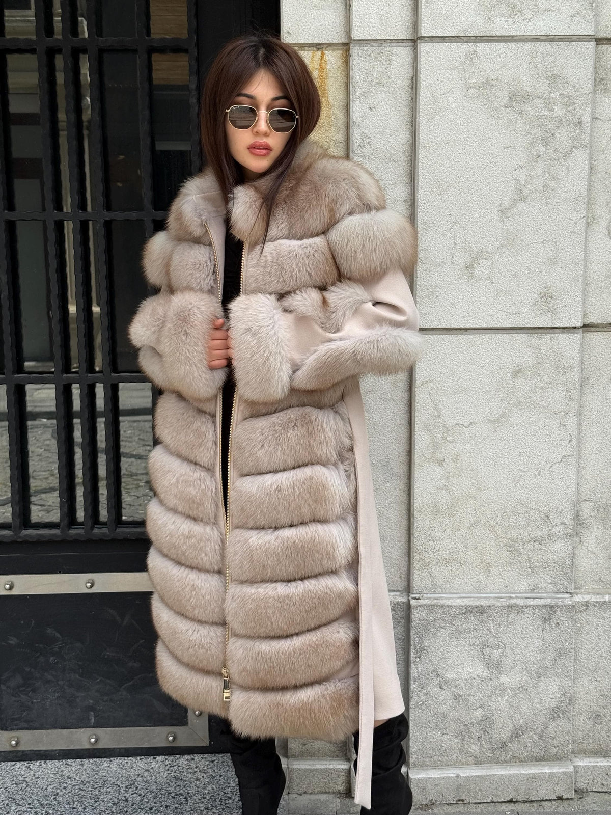 Beige Long Fox Fur Coat, Luxury Women’s Fur Cashmere Trim Jacket
