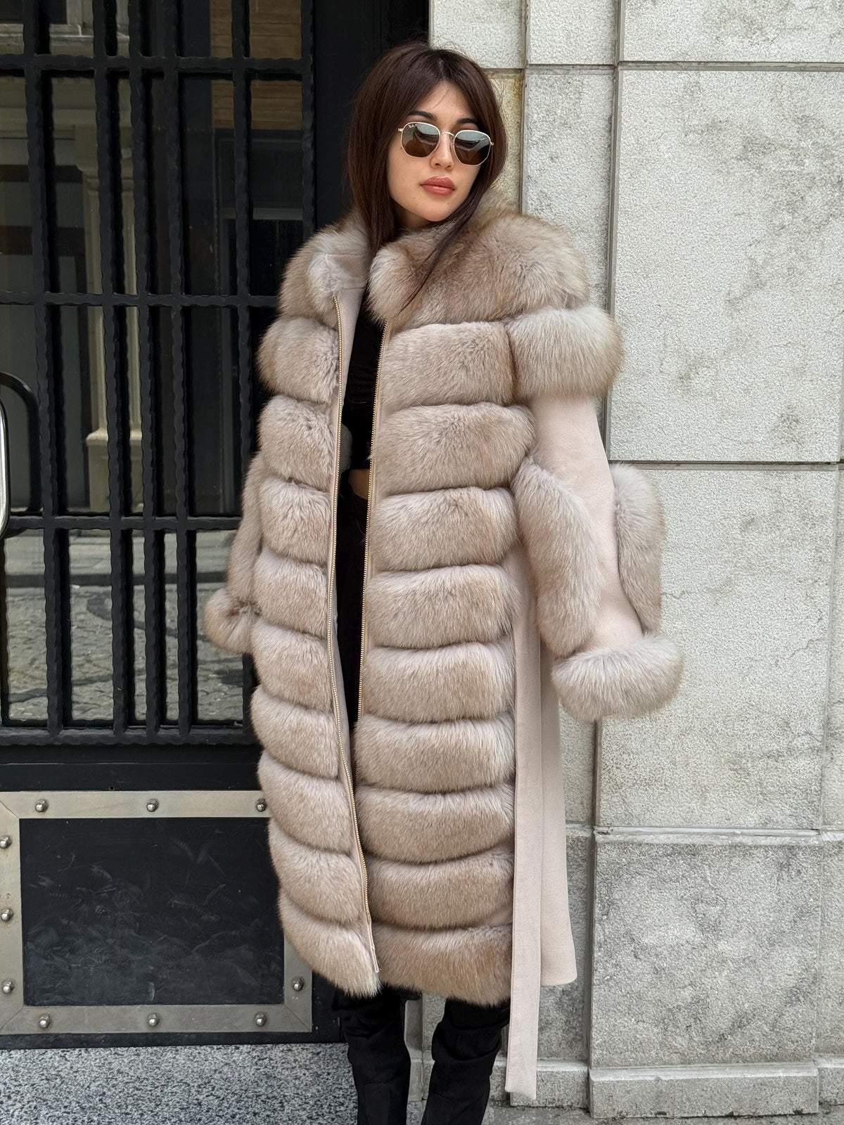 Beige Long Fox Fur Coat, Luxury Women’s Fur Cashmere Trim Jacket