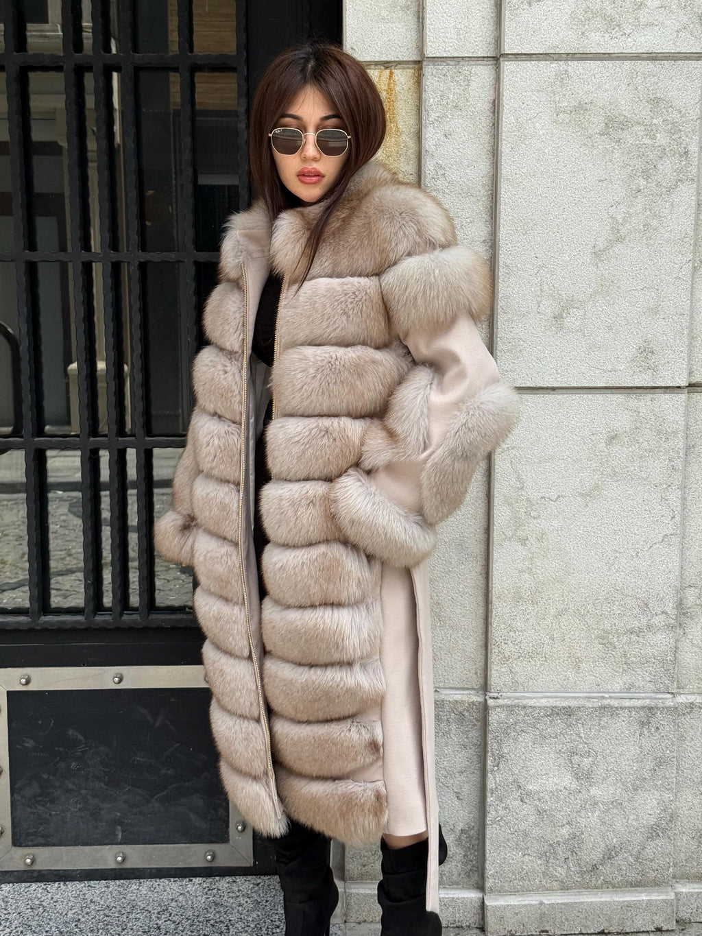 Beige Long Fox Fur Coat, Luxury Women’s Fur Cashmere Trim Jacket