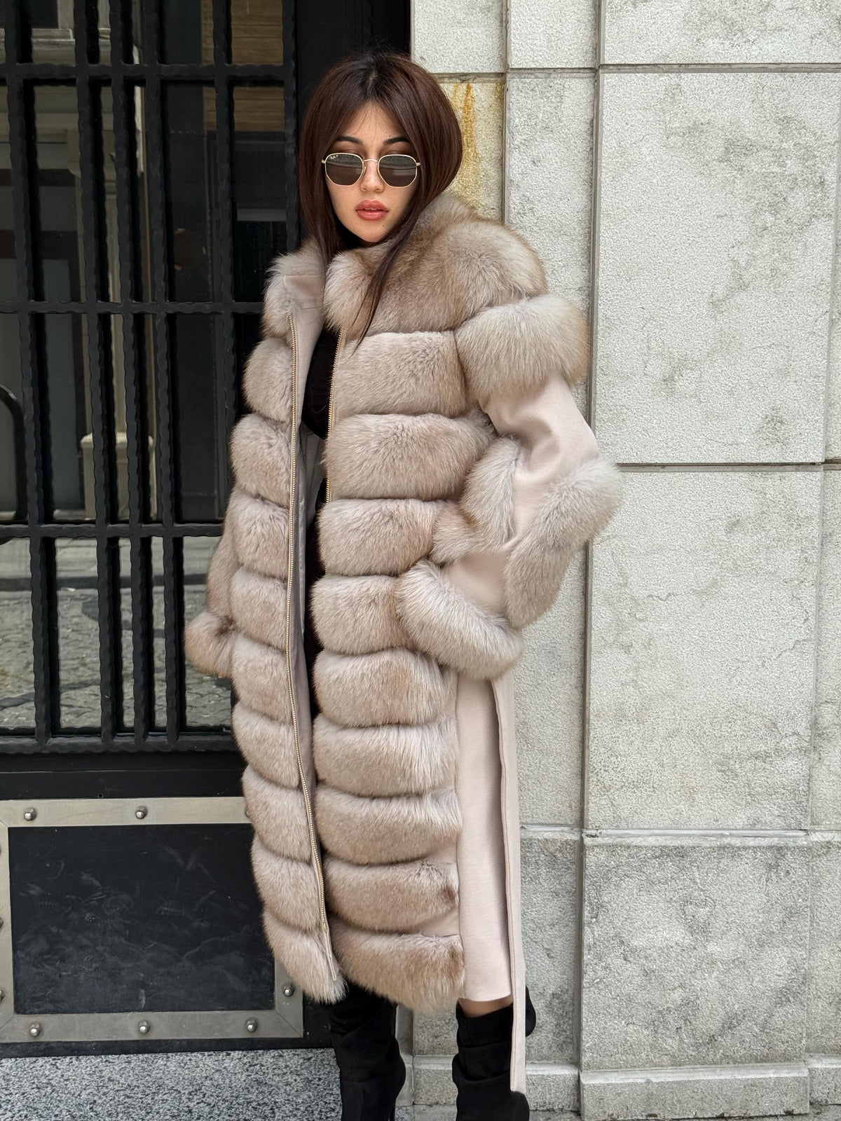 Beige Long Fox Fur Coat, Luxury Women’s Fur Cashmere Trim Jacket
