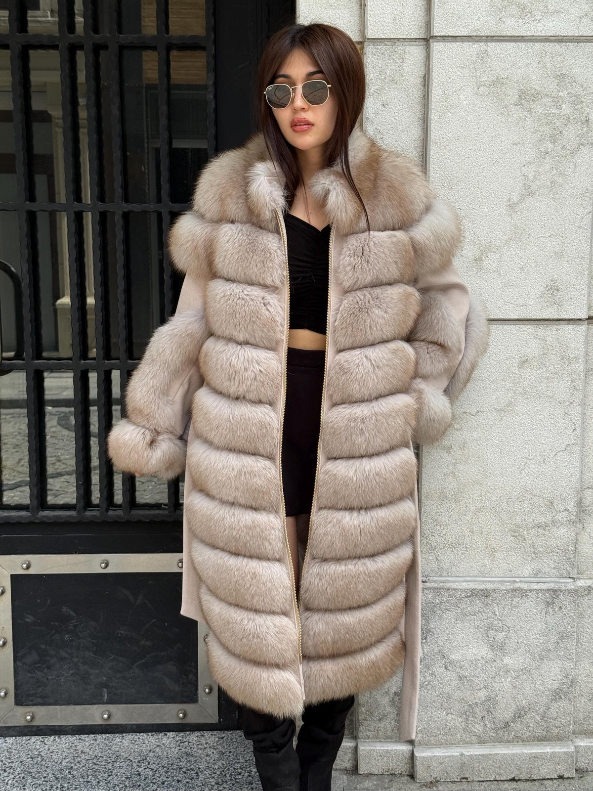 Beige Long Fox Fur Coat, Luxury Women’s Fur Cashmere Trim Jacket
