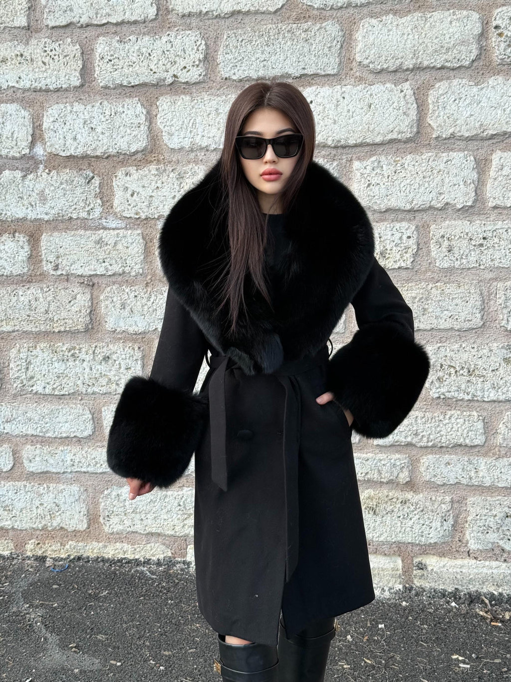 Black Long Cashmere & Wool Collar Cuffs Huge Fox Fur Coat, Women Fox Fur Jacket - Black Fox Fur Jacket
