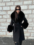Black Long Cashmere & Wool Collar Cuffs Huge Fox Fur Coat, Women Fox Fur Jacket - Black Fox Fur Jacket