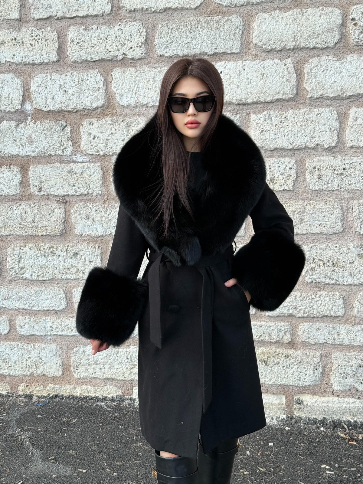 Black Long Cashmere & Wool Collar Cuffs Huge Fox Fur Coat, Women Fox Fur Jacket - Black Fox Fur Jacket