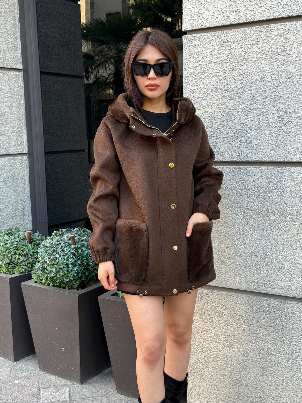 Brown Zibellino Alpaca Coat , Women’s Handmade Hood Pocket Mink Fur Virgin Wool Jacket