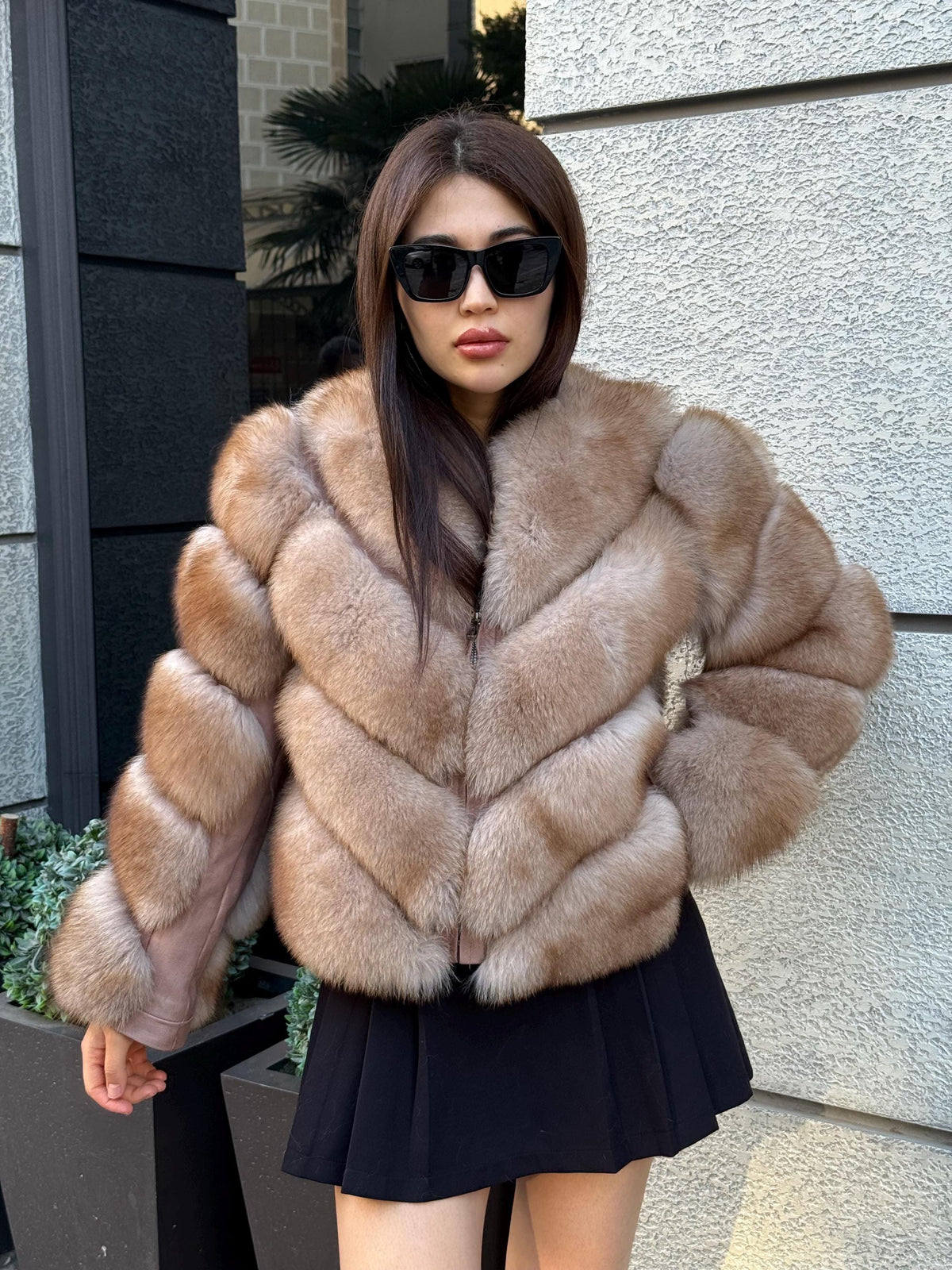 Beige Fox Fur Jacket , Women’s Handmade Short Fur Coat With Detachable Sleeves