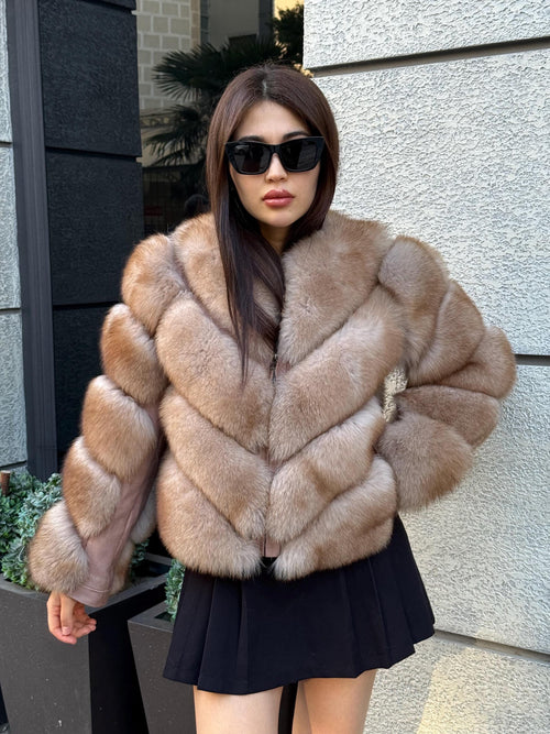 Beige Fox Fur Jacket , Women’s Handmade Short Fur Coat With Detachable Sleeves