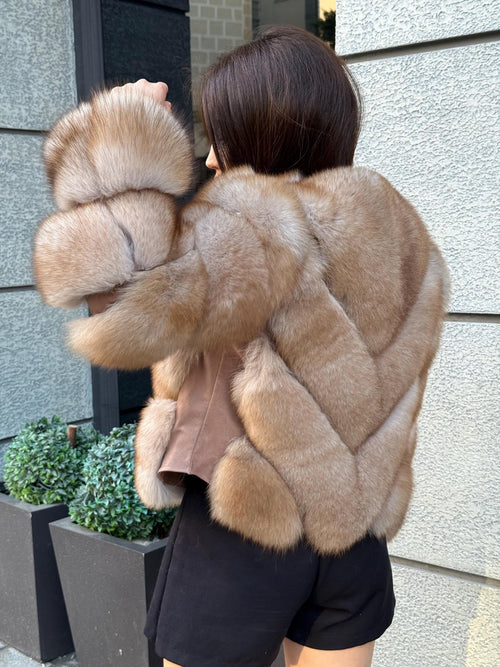 Beige Fox Fur Jacket , Women’s Handmade Short Fur Coat With Detachable Sleeves