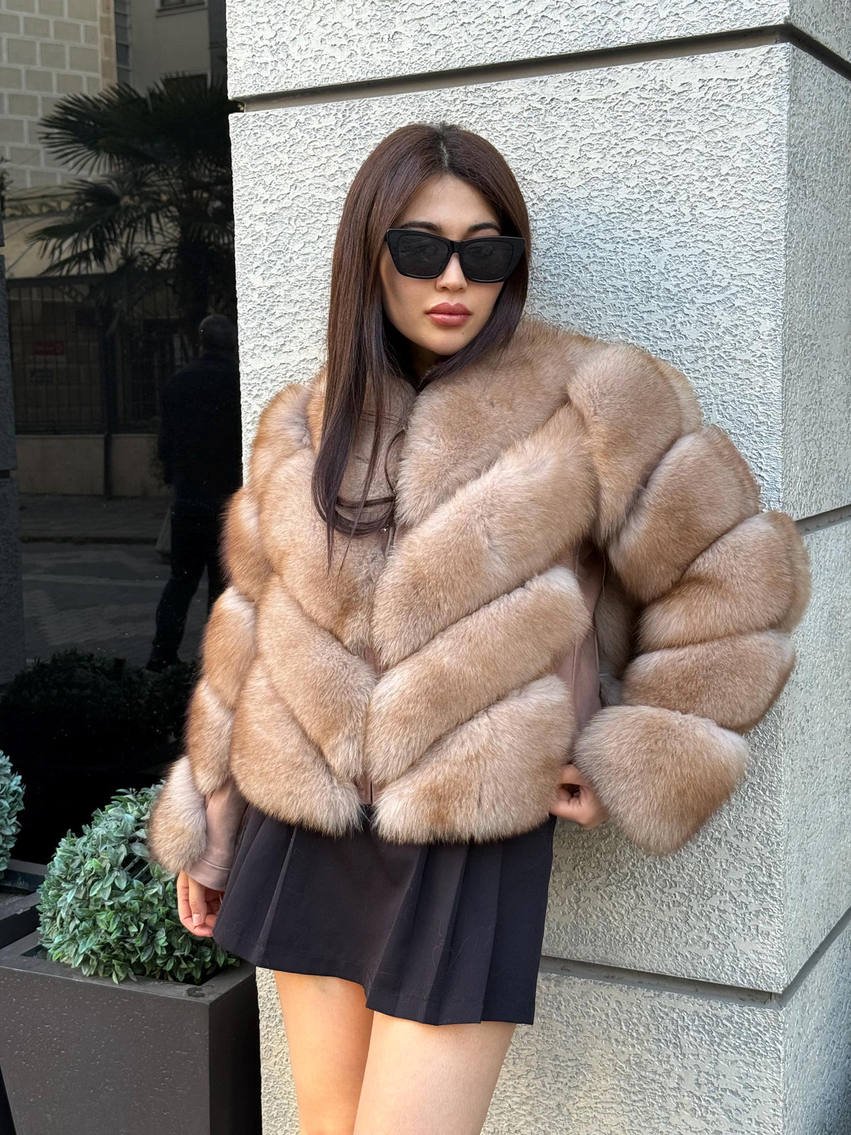 Beige Fox Fur Jacket , Women’s Handmade Short Fur Coat With Detachable Sleeves