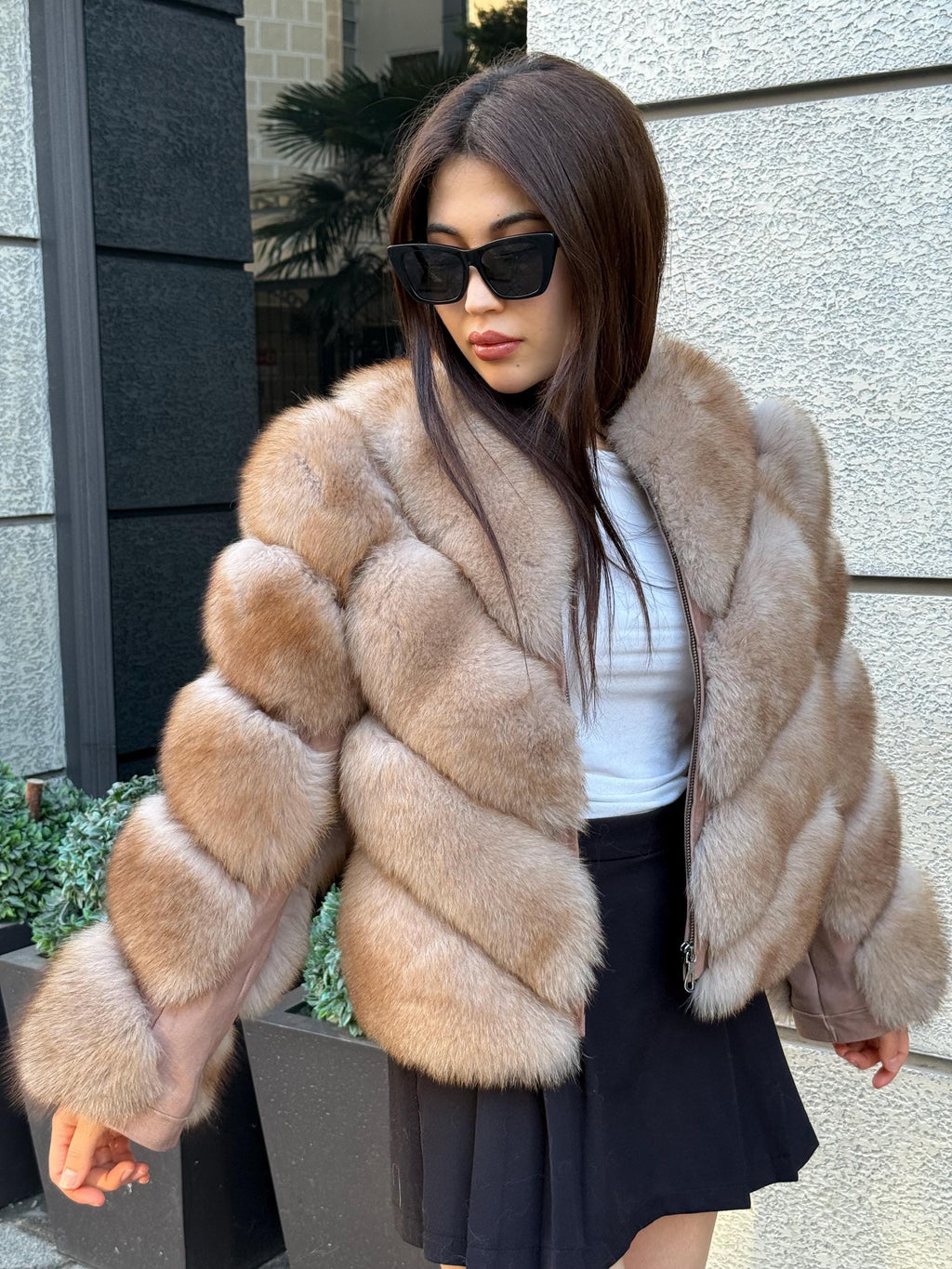 Beige Fox Fur Jacket , Women’s Handmade Short Fur Coat With Detachable Sleeves