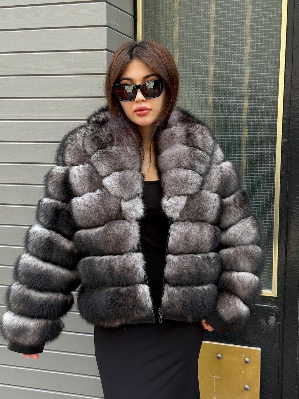 Women’s Gray Fox Fur Jacket, Luxury Handmade Short Fur Coat