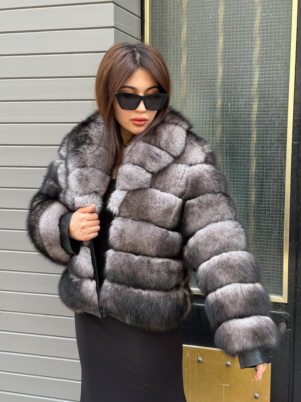 Women’s Gray Fox Fur Jacket, Luxury Handmade Short Fur Coat