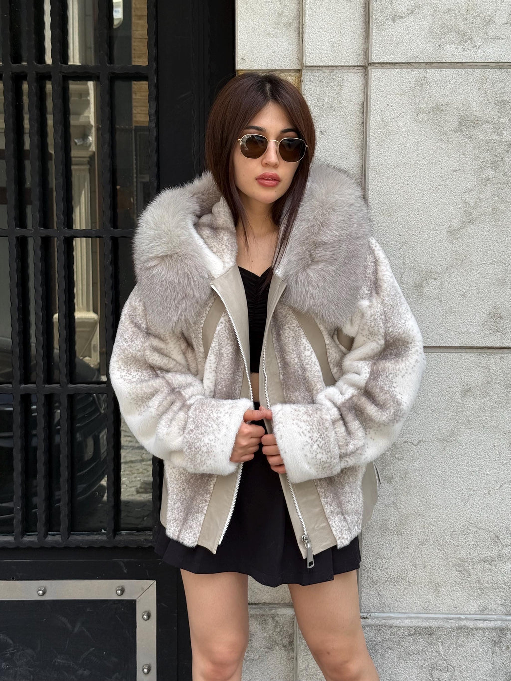 Beige Faux Mink Fur Jacket, Hood Fox Fur Jacket..- Women Fox Fur Jacket.. Fox Fur Jacket