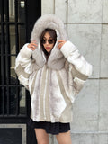 Beige Faux Mink Fur Jacket, Hood Fox Fur Jacket..- Women Fox Fur Jacket.. Fox Fur Jacket