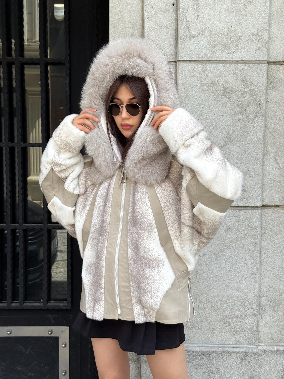Beige Faux Mink Fur Jacket, Hood Fox Fur Jacket..- Women Fox Fur Jacket.. Fox Fur Jacket