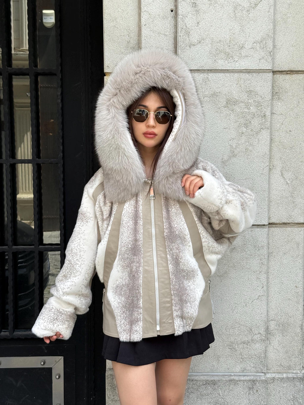 Beige Faux Mink Fur Jacket, Hood Fox Fur Jacket..- Women Fox Fur Jacket.. Fox Fur Jacket