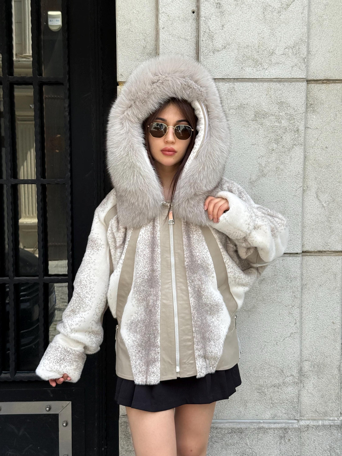 Beige Faux Mink Fur Jacket, Hood Fox Fur Jacket..- Women Fox Fur Jacket.. Fox Fur Jacket