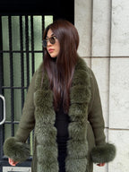Khaki Handmade Women Luxury Knit Cardigan with Real Fox Fur Trim Coat –Handcrafted Long Knitwear Coat – Elegant Knit Outerwear for Women