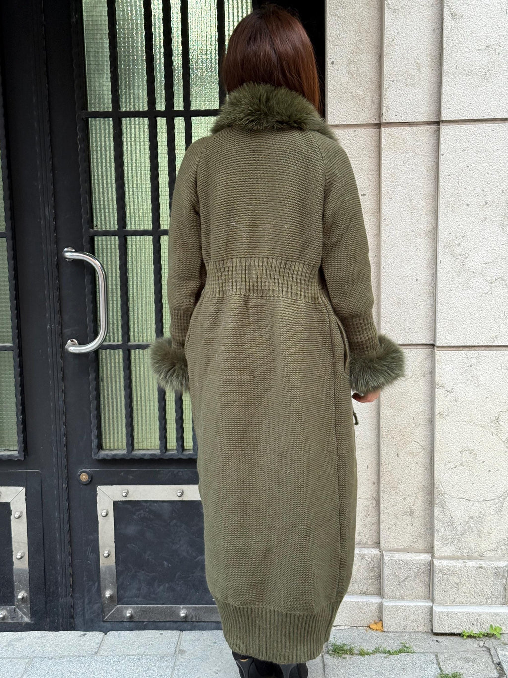 Khaki Handmade Women Luxury Knit Cardigan with Real Fox Fur Trim Coat –Handcrafted Long Knitwear Coat – Elegant Knit Outerwear for Women