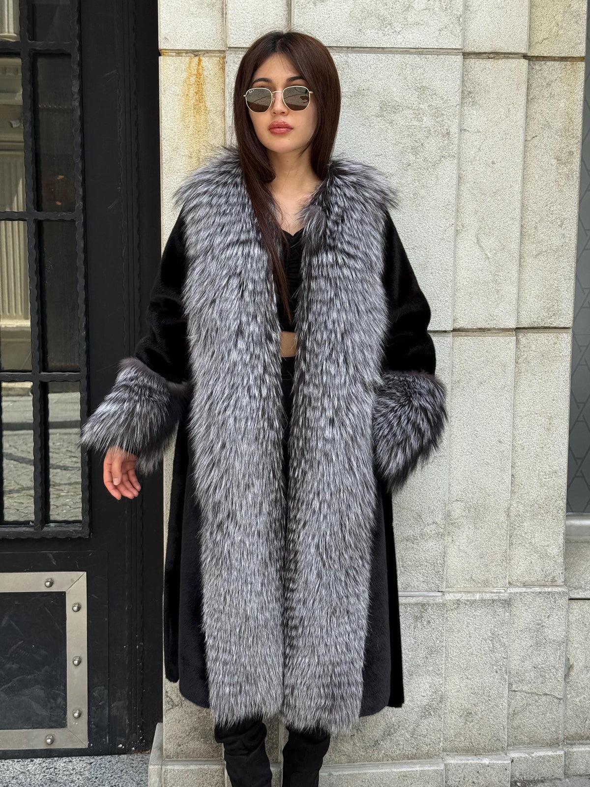 Black Long Alcantara Coat, Front&Cuffs Fox Fur Jacket.. Silver Frost Fox Fur Jacket./ Women Fox Fur Jacket