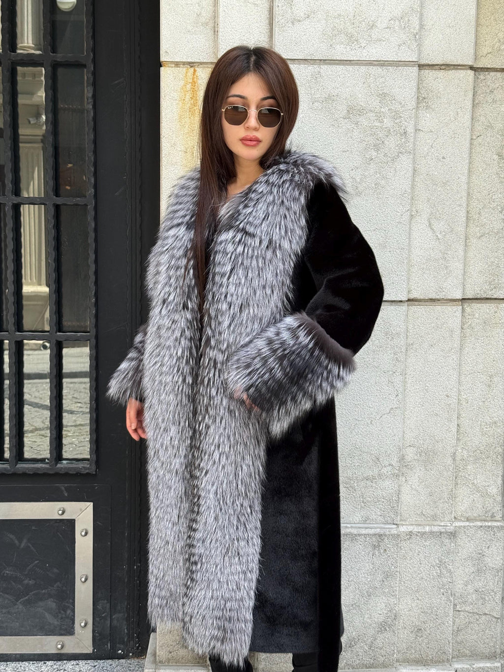 Black Long Alcantara Coat, Front&Cuffs Fox Fur Jacket.. Silver Frost Fox Fur Jacket./ Women Fox Fur Jacket