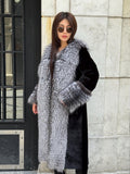 Black Long Alcantara Coat, Front&Cuffs Fox Fur Jacket.. Silver Frost Fox Fur Jacket./ Women Fox Fur Jacket
