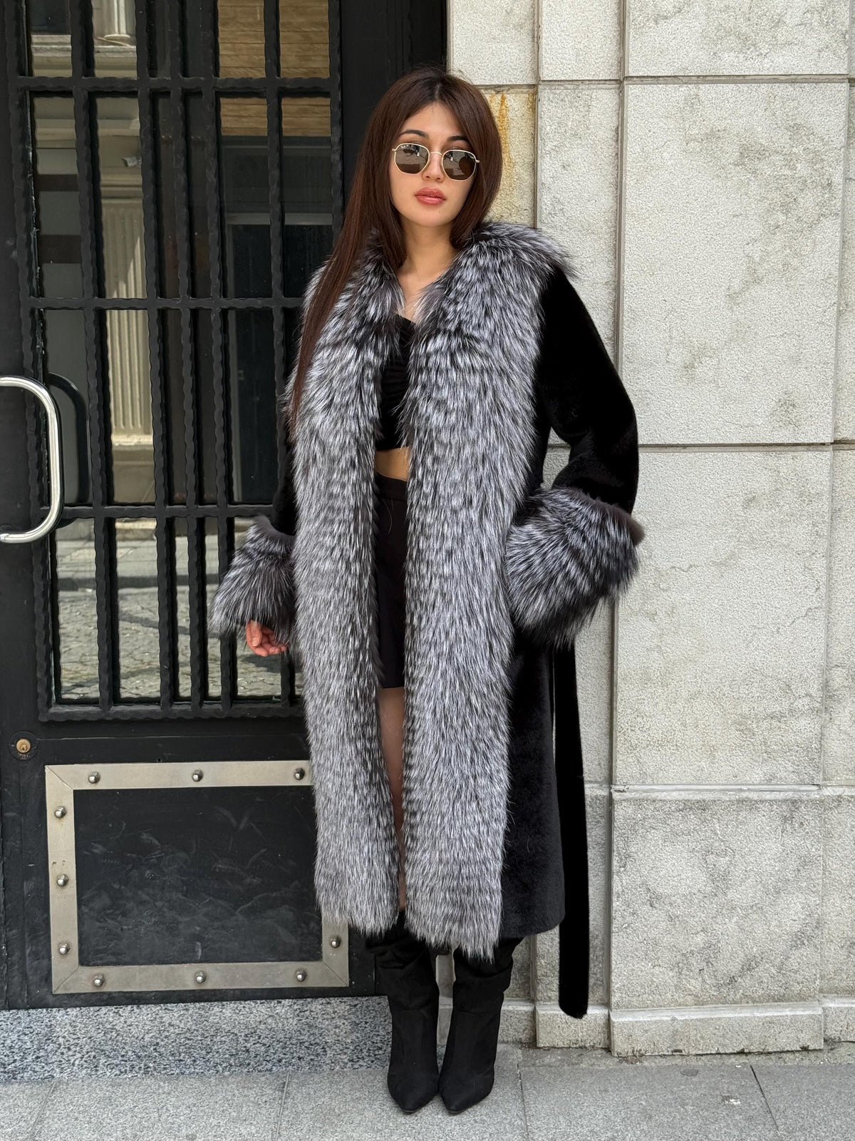 Black Long Alcantara Coat, Front&Cuffs Fox Fur Jacket.. Silver Frost Fox Fur Jacket./ Women Fox Fur Jacket