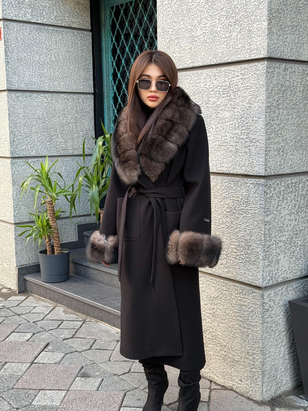 Black Cashmere Collar & Cuffs Fox Fur Jacket, Women Fox Fur Jacket - Collar Fox Fur Jacket. - Sable Brown Fox Fur Cape