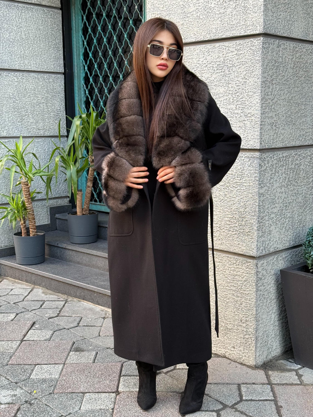 Black Cashmere Collar & Cuffs Fox Fur Jacket, Women Fox Fur Jacket - Collar Fox Fur Jacket. - Sable Brown Fox Fur Cape