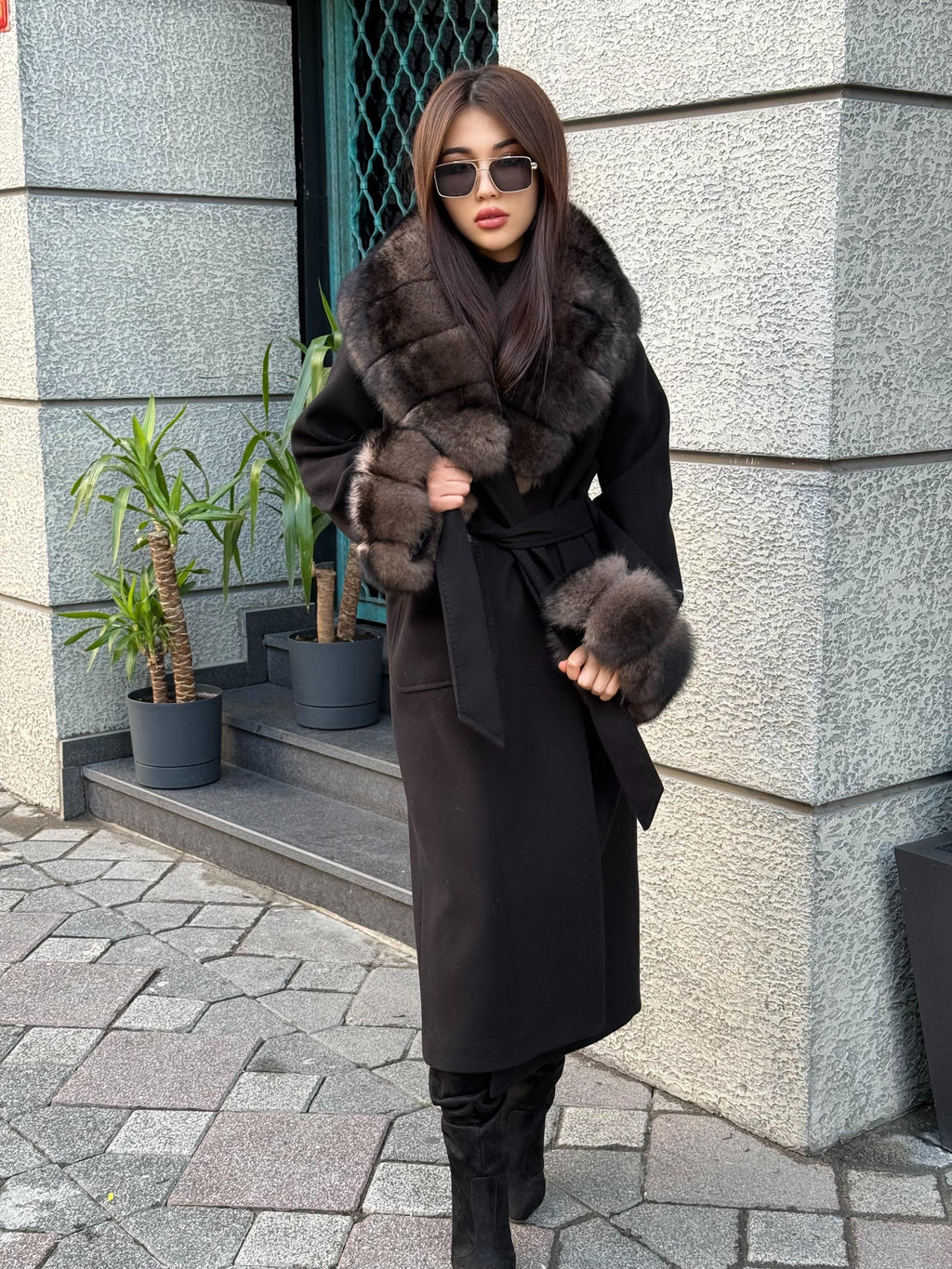 Black Cashmere Collar & Cuffs Fox Fur Jacket, Women Fox Fur Jacket - Collar Fox Fur Jacket. - Sable Brown Fox Fur Cape
