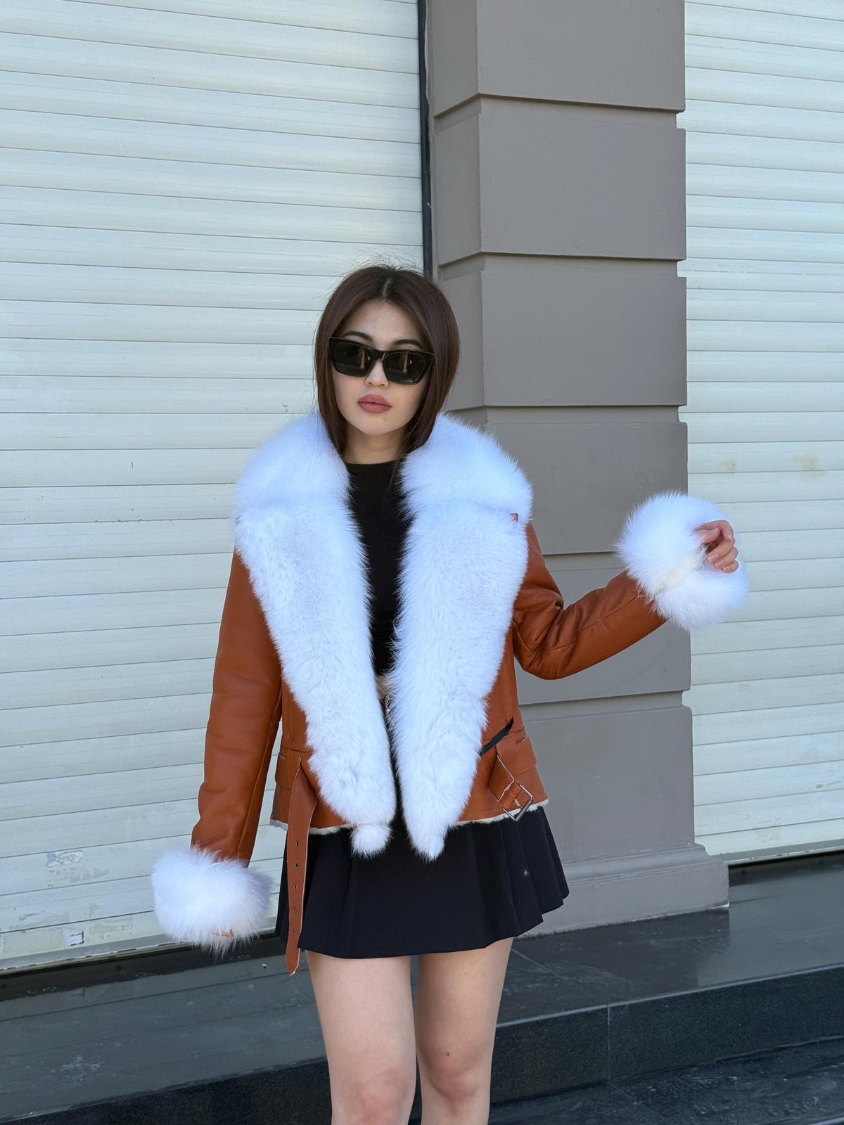 Copper Shearling Coat Women | Handmade Sheepskin Winter Jacket with Fox Fur | Genuine Slim Fit Pattern Shearling Coat | Luxury Fur Outerwear