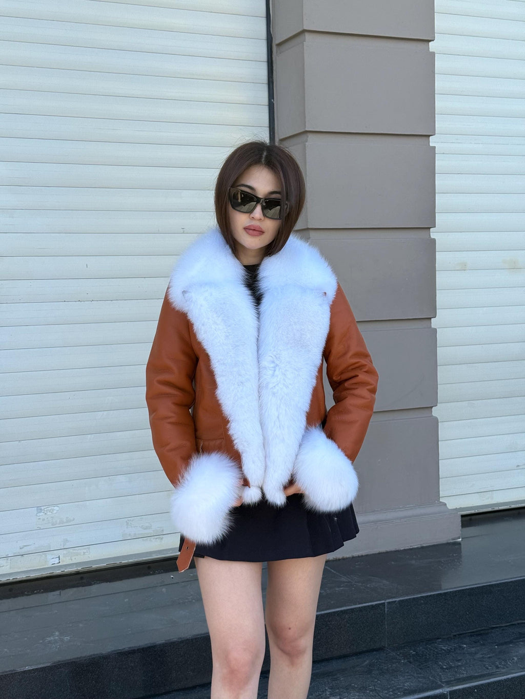 Copper Shearling Coat Women | Handmade Sheepskin Winter Jacket with Fox Fur | Genuine Slim Fit Pattern Shearling Coat | Luxury Fur Outerwear