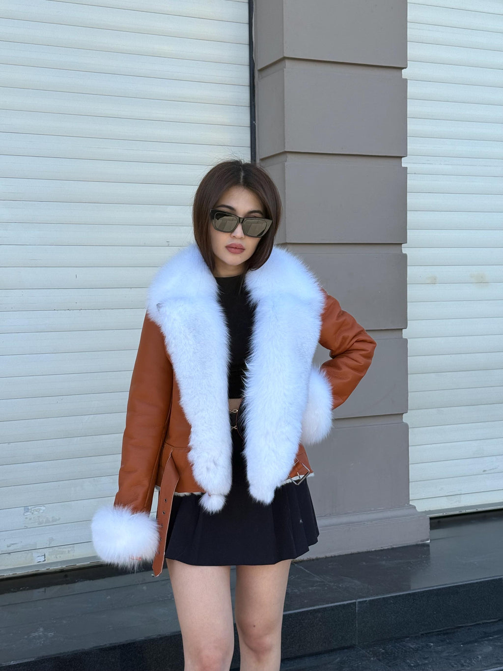 Copper Shearling Coat Women | Handmade Sheepskin Winter Jacket with Fox Fur | Genuine Slim Fit Pattern Shearling Coat | Luxury Fur Outerwear