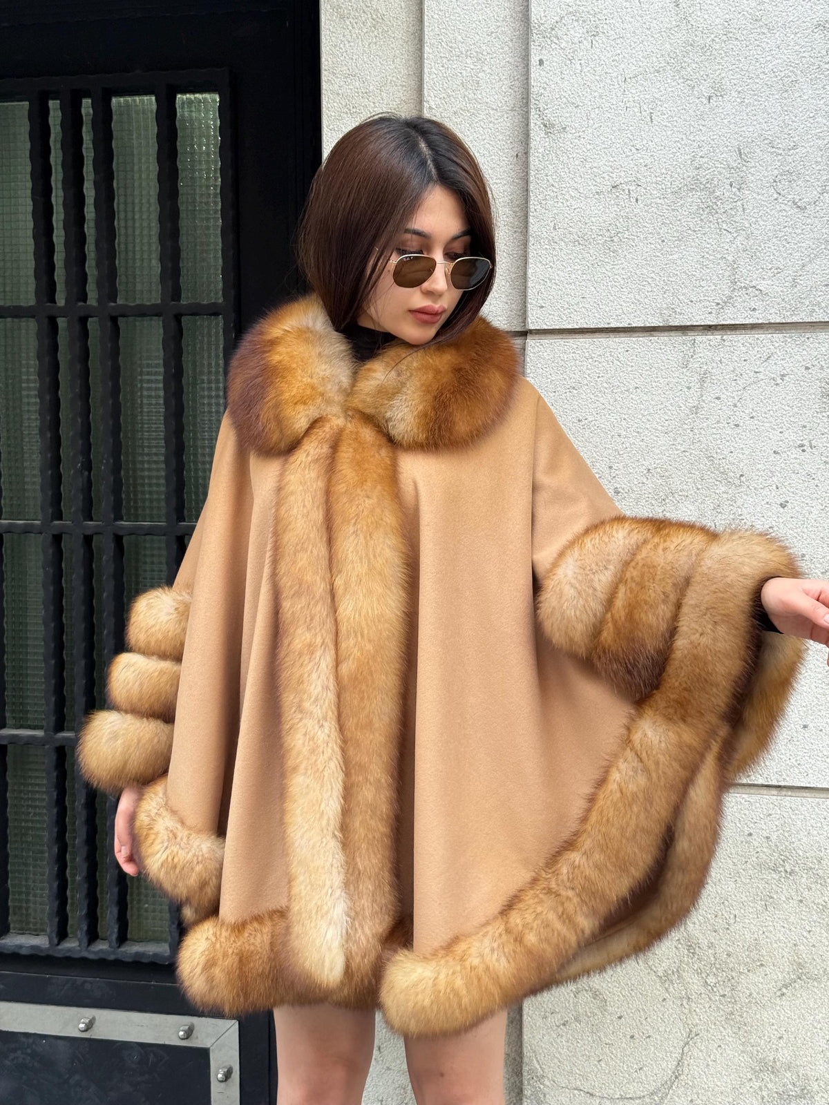 Camel Wool Cashmere Cape Coat with Fox Fur Trim – Luxury Handmade Winter Wrap, Elegant Oversized Shawl Poncho, Plus Size Cloak