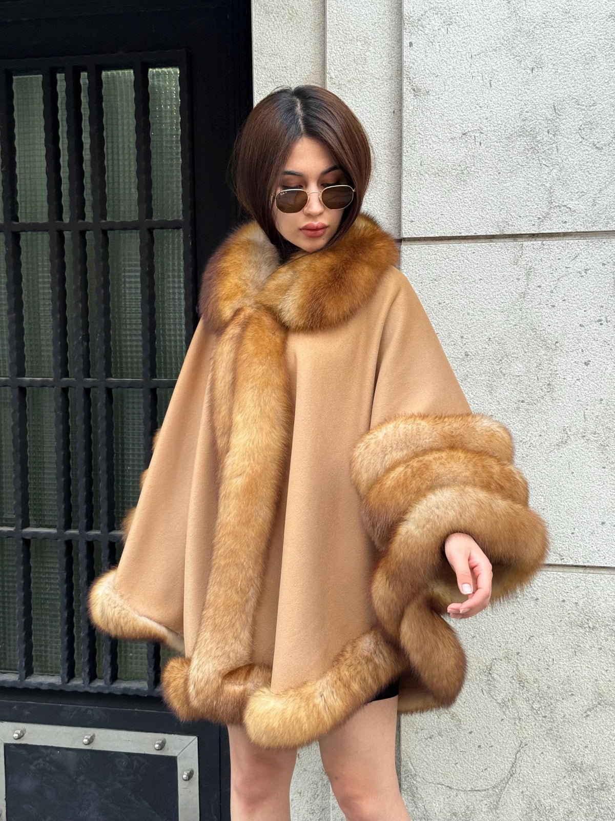 Camel Wool Cashmere Cape Coat with Fox Fur Trim – Luxury Handmade Winter Wrap, Elegant Oversized Shawl Poncho, Plus Size Cloak