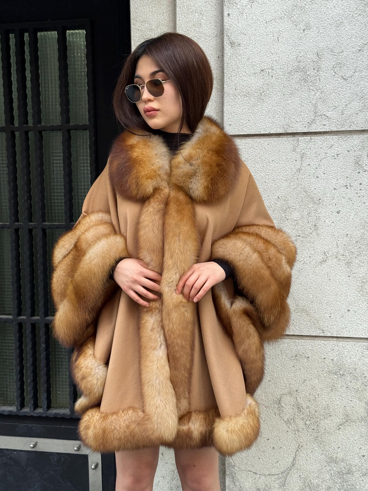 Camel Wool Cashmere Cape Coat with Fox Fur Trim – Luxury Handmade Winter Wrap, Elegant Oversized Shawl Poncho, Plus Size Cloak