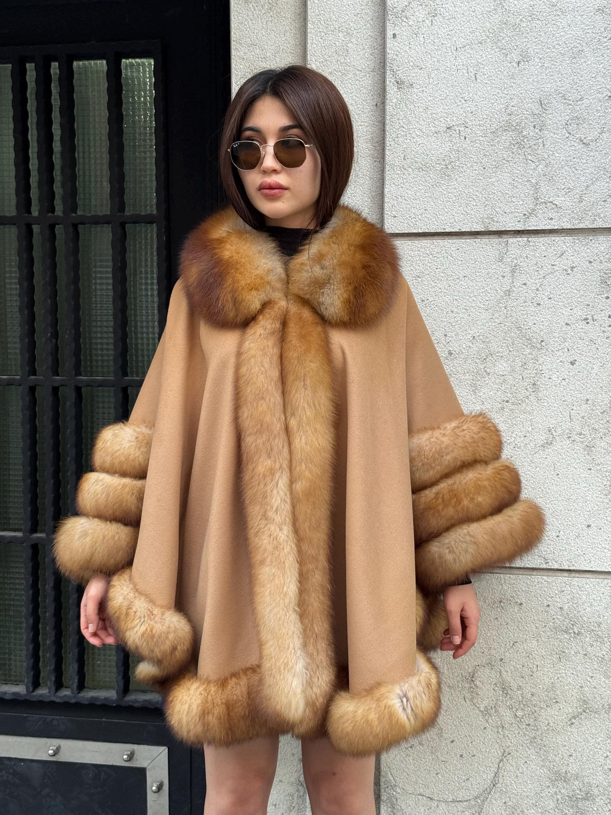 Camel Wool Cashmere Cape Coat with Fox Fur Trim – Luxury Handmade Winter Wrap, Elegant Oversized Shawl Poncho, Plus Size Cloak