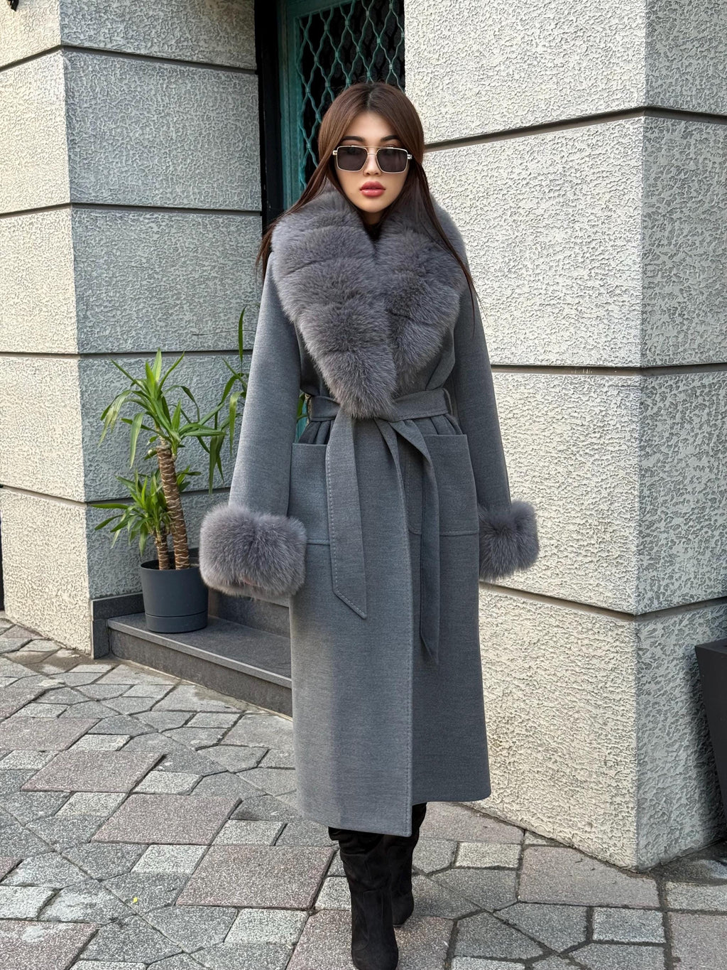 Gray Cashmere Coat With Fox Fur Trim | Luxury Collar Fox Fur Coat | Handmade Plus Size Long Belted Wool Coat For Women, Fox Fur Coat