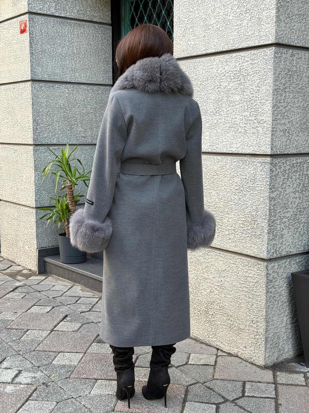 Gray Cashmere Coat With Fox Fur Trim | Luxury Collar Fox Fur Coat | Handmade Plus Size Long Belted Wool Coat For Women, Fox Fur Coat