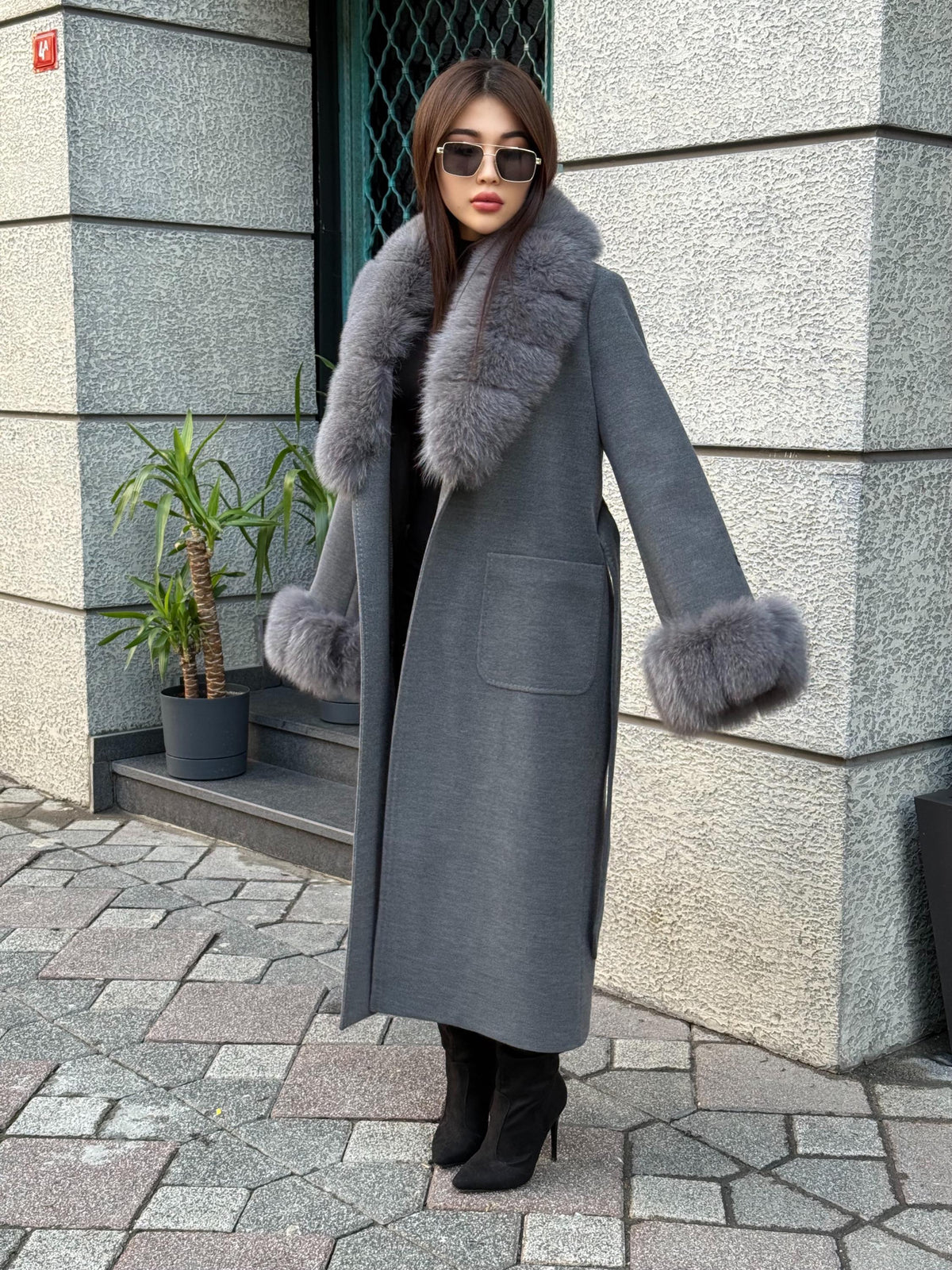 Gray Cashmere Coat With Fox Fur Trim | Luxury Collar Fox Fur Coat | Handmade Plus Size Long Belted Wool Coat For Women, Fox Fur Coat
