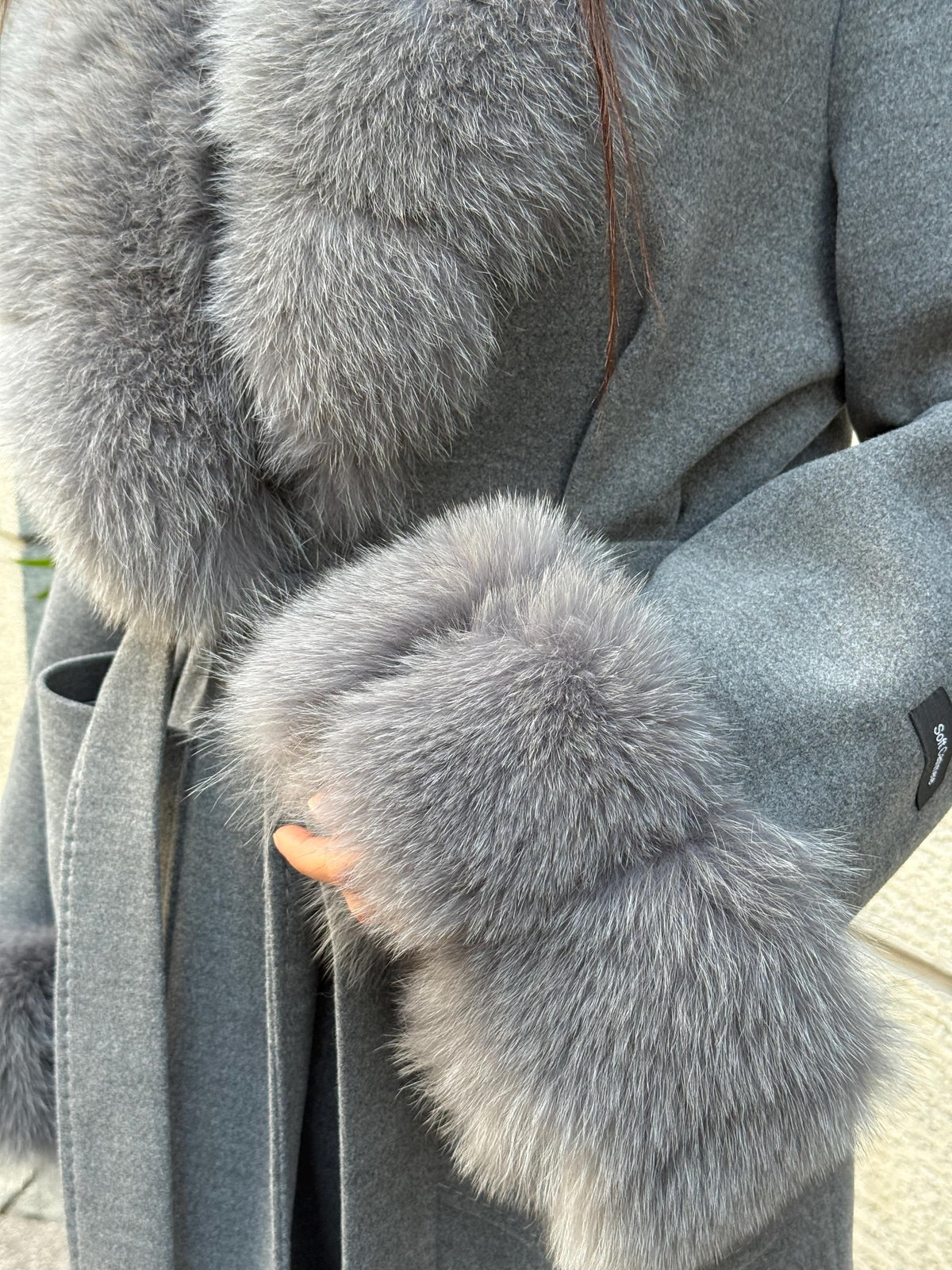 Gray Cashmere Coat With Fox Fur Trim | Luxury Collar Fox Fur Coat | Handmade Plus Size Long Belted Wool Coat For Women, Fox Fur Coat