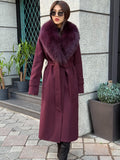 Burgundy Long Cashmere Collar Fox Fur Coat- Women Fox Fur Jacket. - Premium Burgundy Fox Fur Jacket