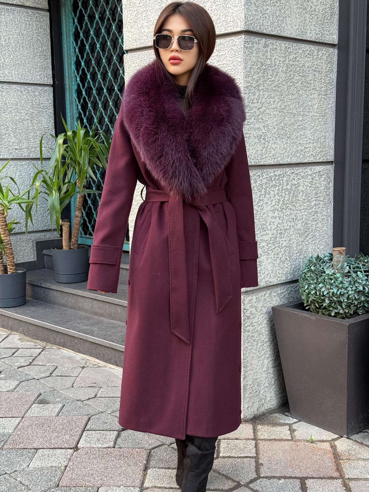Burgundy Long Cashmere Collar Fox Fur Coat- Women Fox Fur Jacket. - Premium Burgundy Fox Fur Jacket