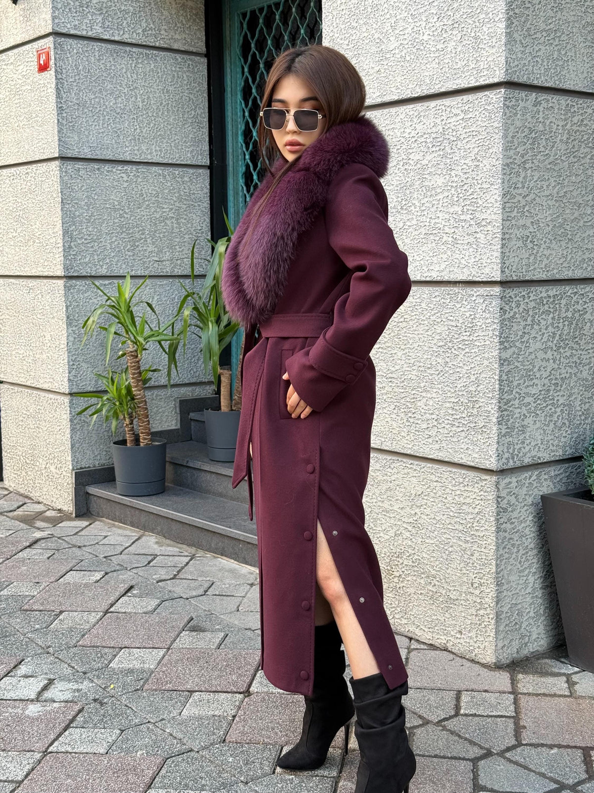Burgundy Long Cashmere Collar Fox Fur Coat- Women Fox Fur Jacket. - Premium Burgundy Fox Fur Jacket
