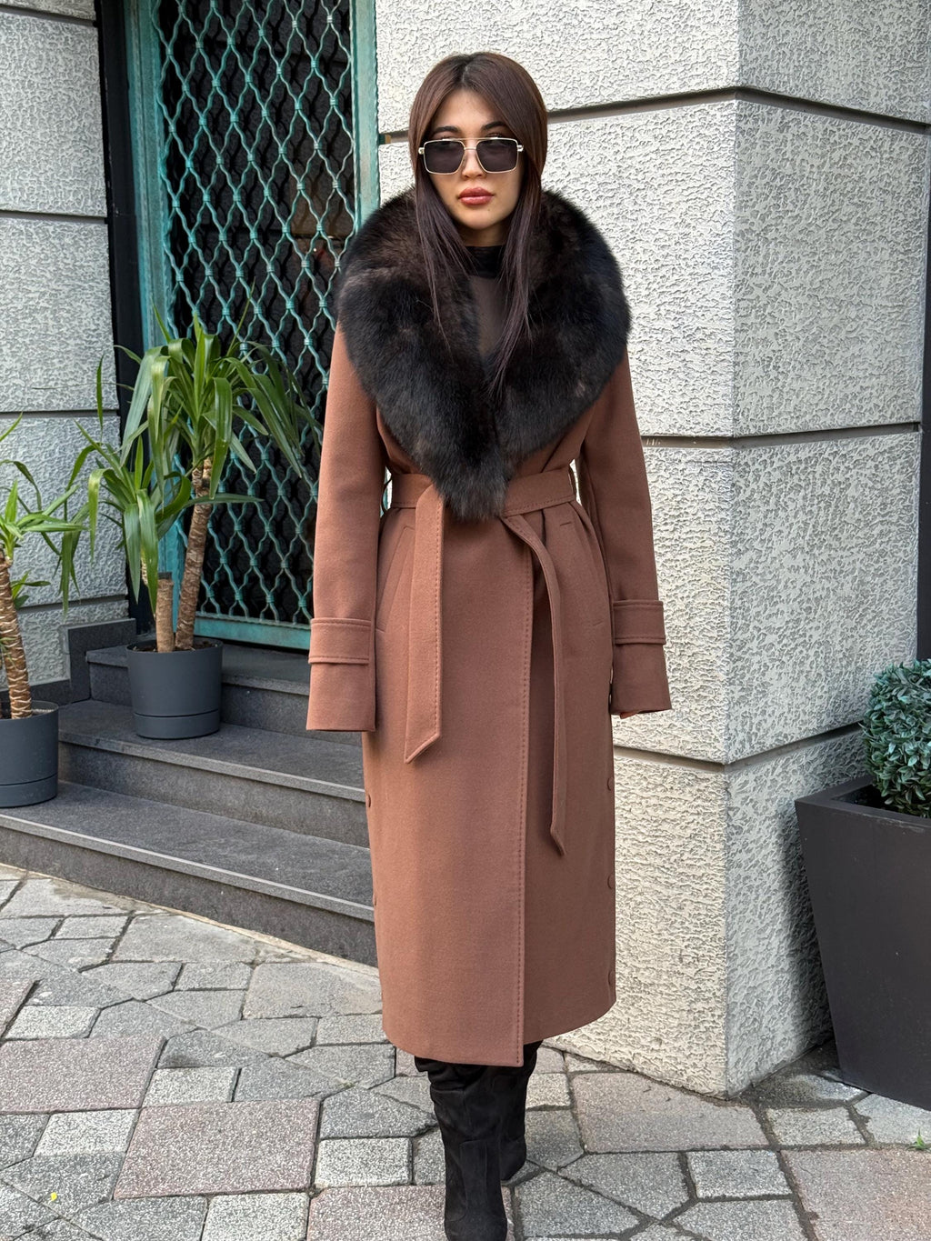 Brown Long Cashmere Collar Fox Fur Coat, Women Fox Fur Jacket. - Brown Fox Fur Jacket