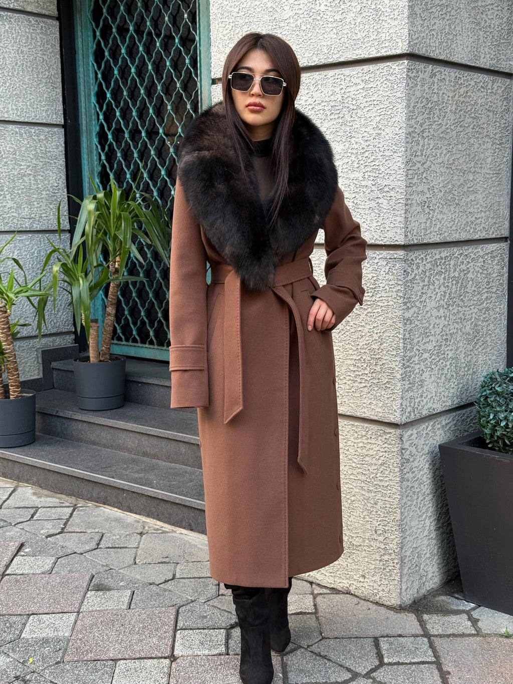 Brown Long Cashmere Collar Fox Fur Coat, Women Fox Fur Jacket. - Brown Fox Fur Jacket